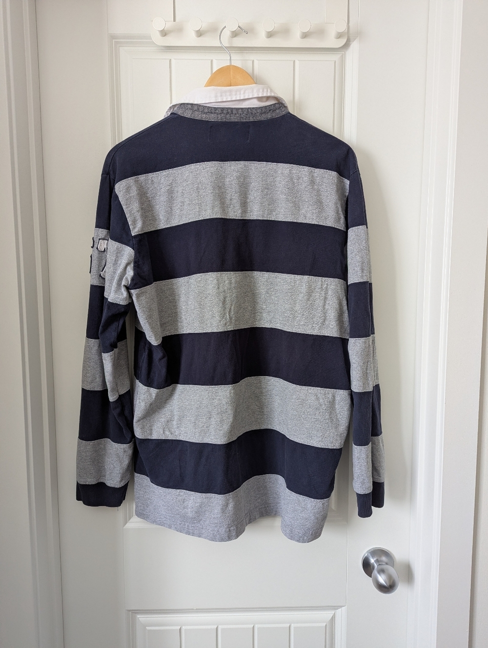 Striped Rugby Shirt with Crest - Navy & Gray XL - Picture 3 of 5